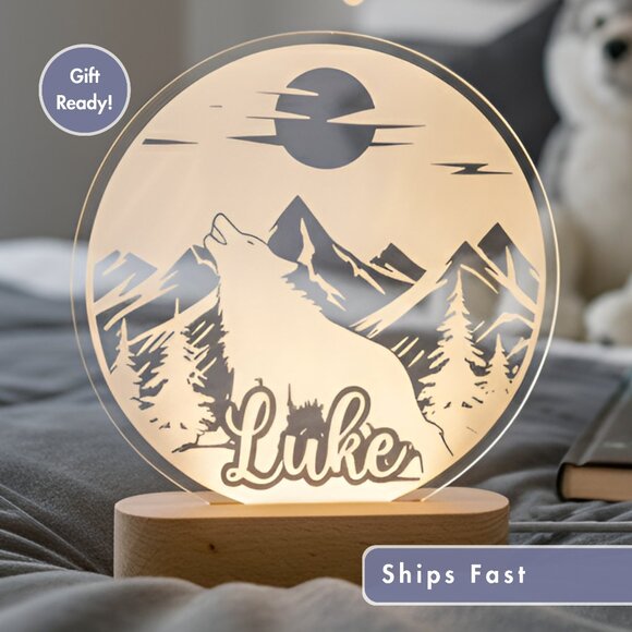 Personalized Wolf LED Light | Cute Bedroom Name Sign for Kids - Picture 1 of 8